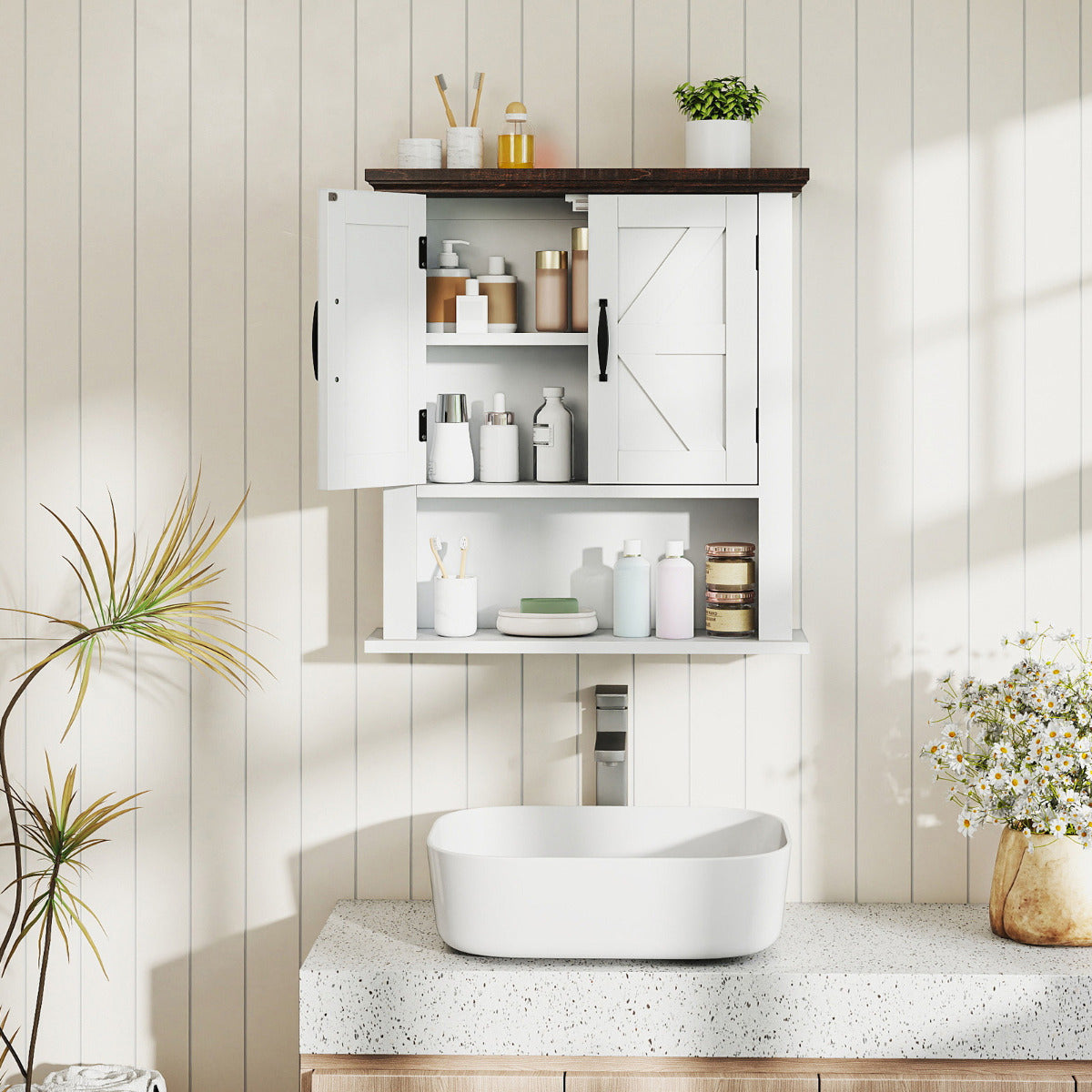Farmhouse Wall Mounted Bathroom Cabinet with Adjustable Shelf-White