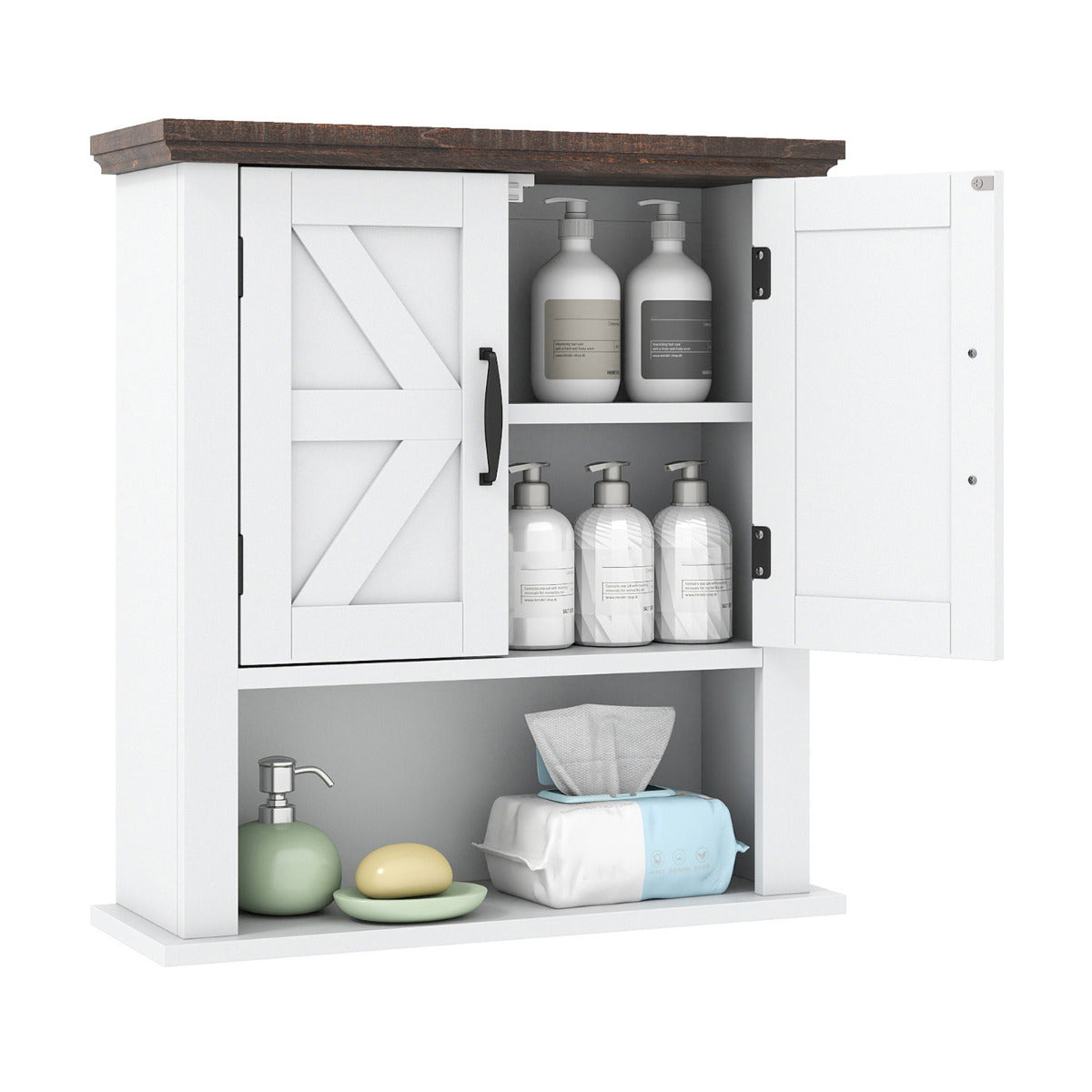 Farmhouse Wall Mounted Bathroom Cabinet with Adjustable Shelf-White