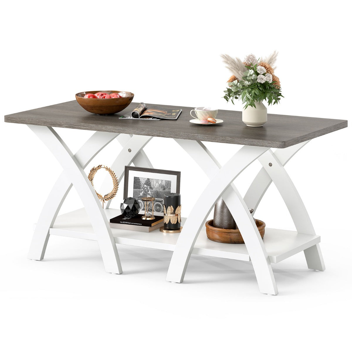 Farmhouse Wooden Accent Table with X-shaped Legs and Storage Shelf-Light Grey