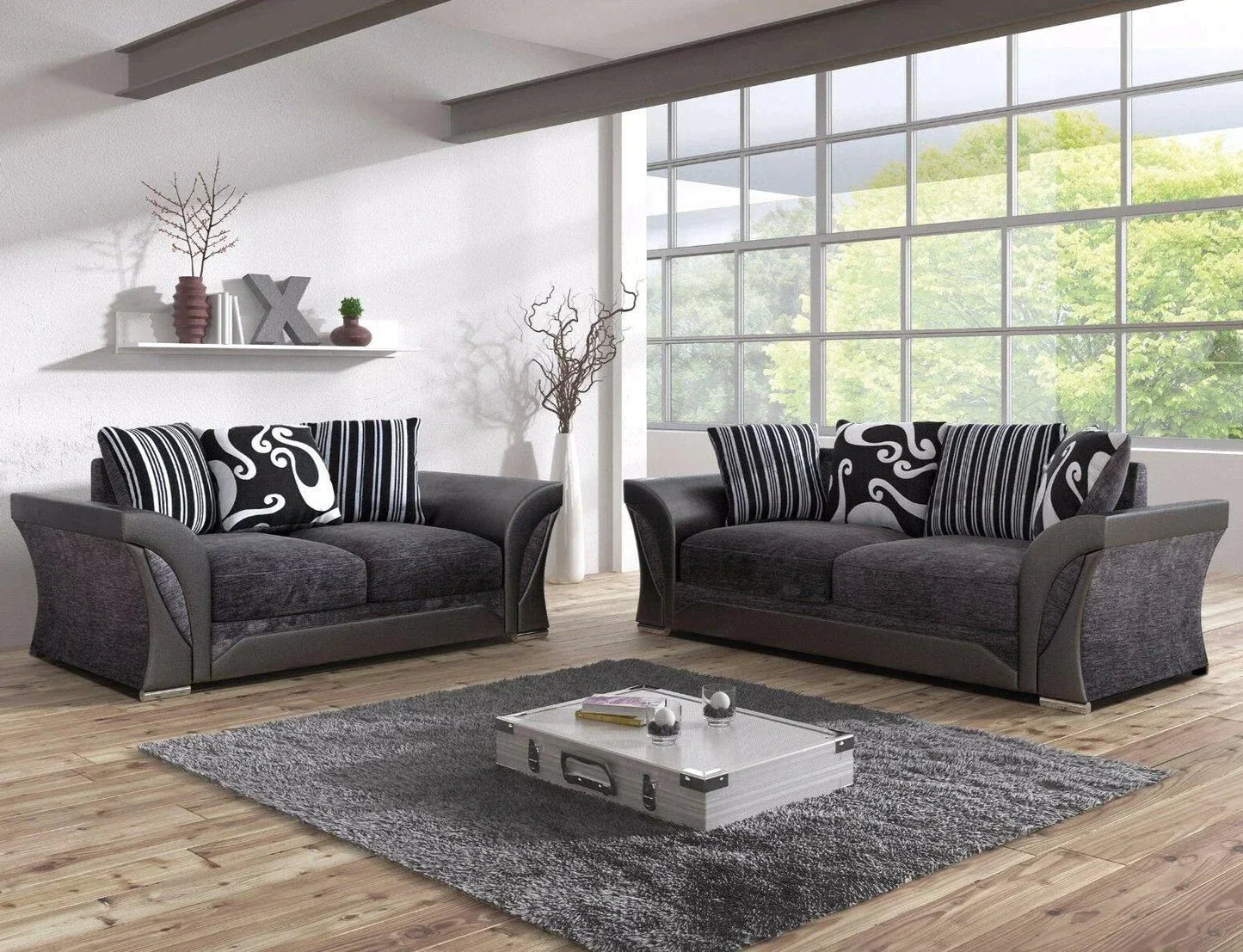 Sparrow Chenille Fabric 3+2 Seater Sofa Set - Black & Grey / Brown & Beige