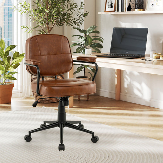 Faux Leather Office Chair Mid Century Modern Upholstered Chair with Padded Armrests-Brown