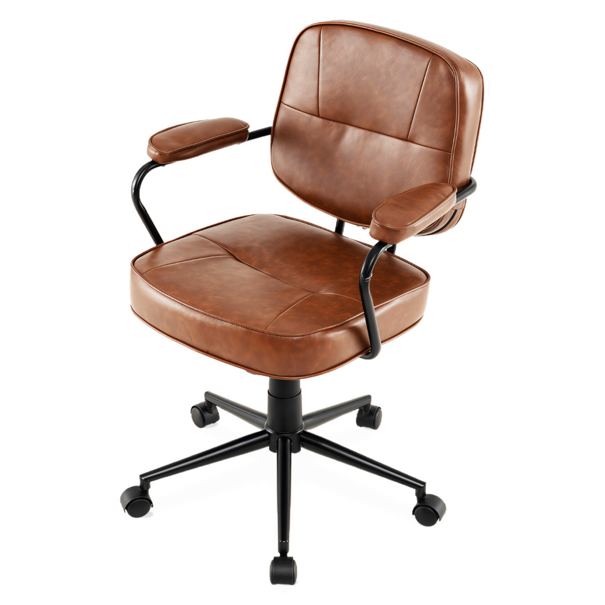 Faux Leather Office Chair Mid Century Modern Upholstered Chair with Padded Armrests-Brown