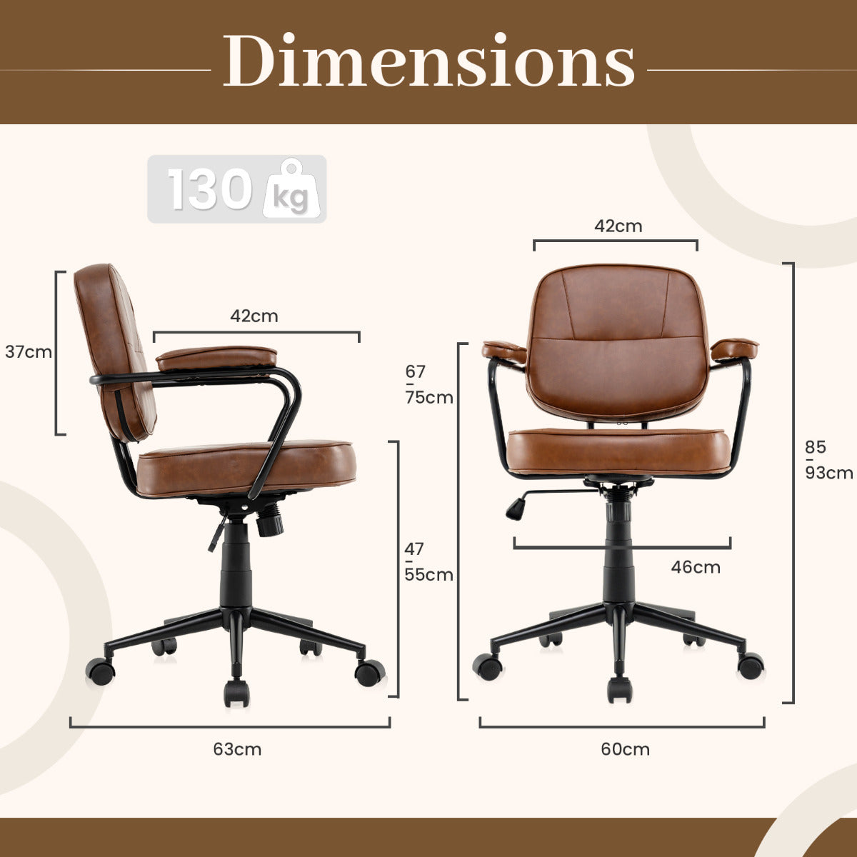 Faux Leather Office Chair Mid Century Modern Upholstered Chair with Padded Armrests-Brown