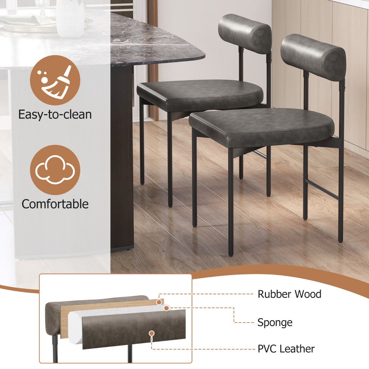 Faux Leather Upholstered Kitchen Side Chair with Curved and Padded Backrest-Grey