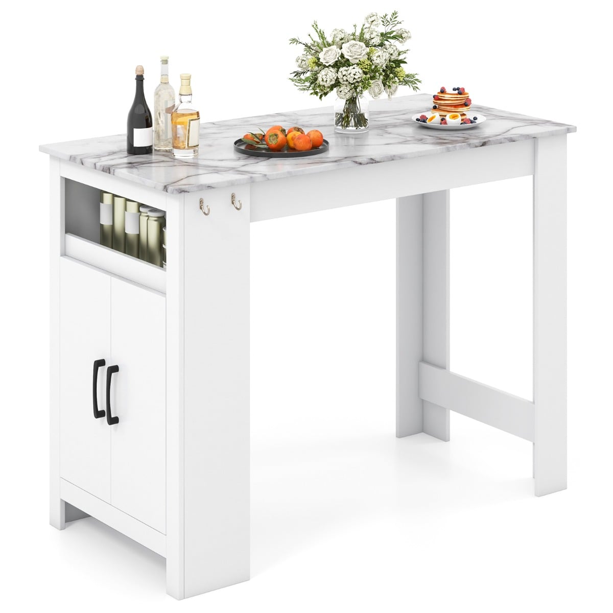 Faux Marble Pub Table with 7 Hanging Hooks and Compartment-White