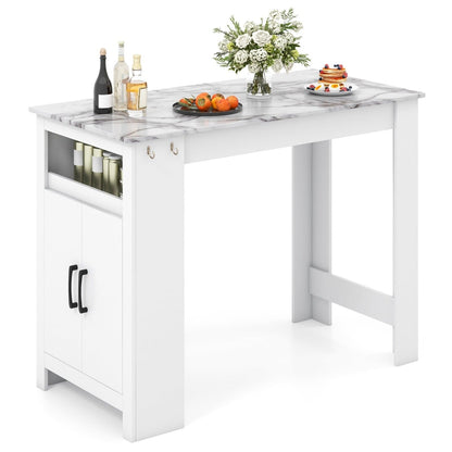 Faux Marble Pub Table with 7 Hanging Hooks and Compartment-White
