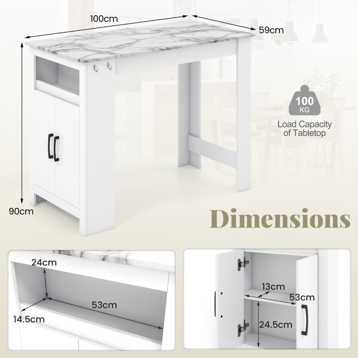 Faux Marble Pub Table with 7 Hanging Hooks and Compartment-White