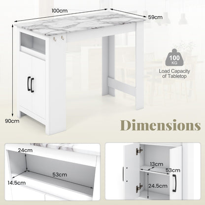 Faux Marble Pub Table with 7 Hanging Hooks and Compartment-White
