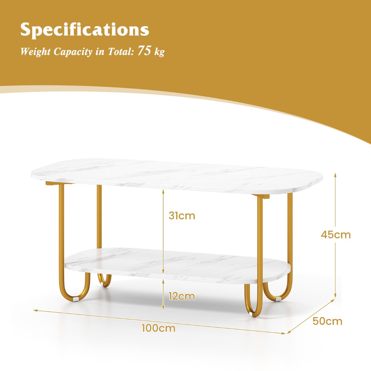 Faux Marble Top Coffee Table with Heavy-duty Metal Frame-White