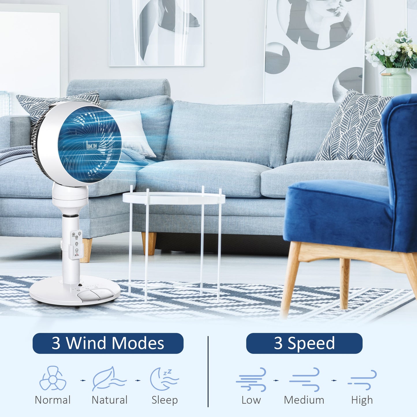 HOMCOM 9'' Air Circulator Fan 3 Speed 3 Mode, 70Â° Oscillation 90Â° Vertical Tilt, Height Adjustable, Remote Controller, for Living Room, Bedroom, Office, Black and White