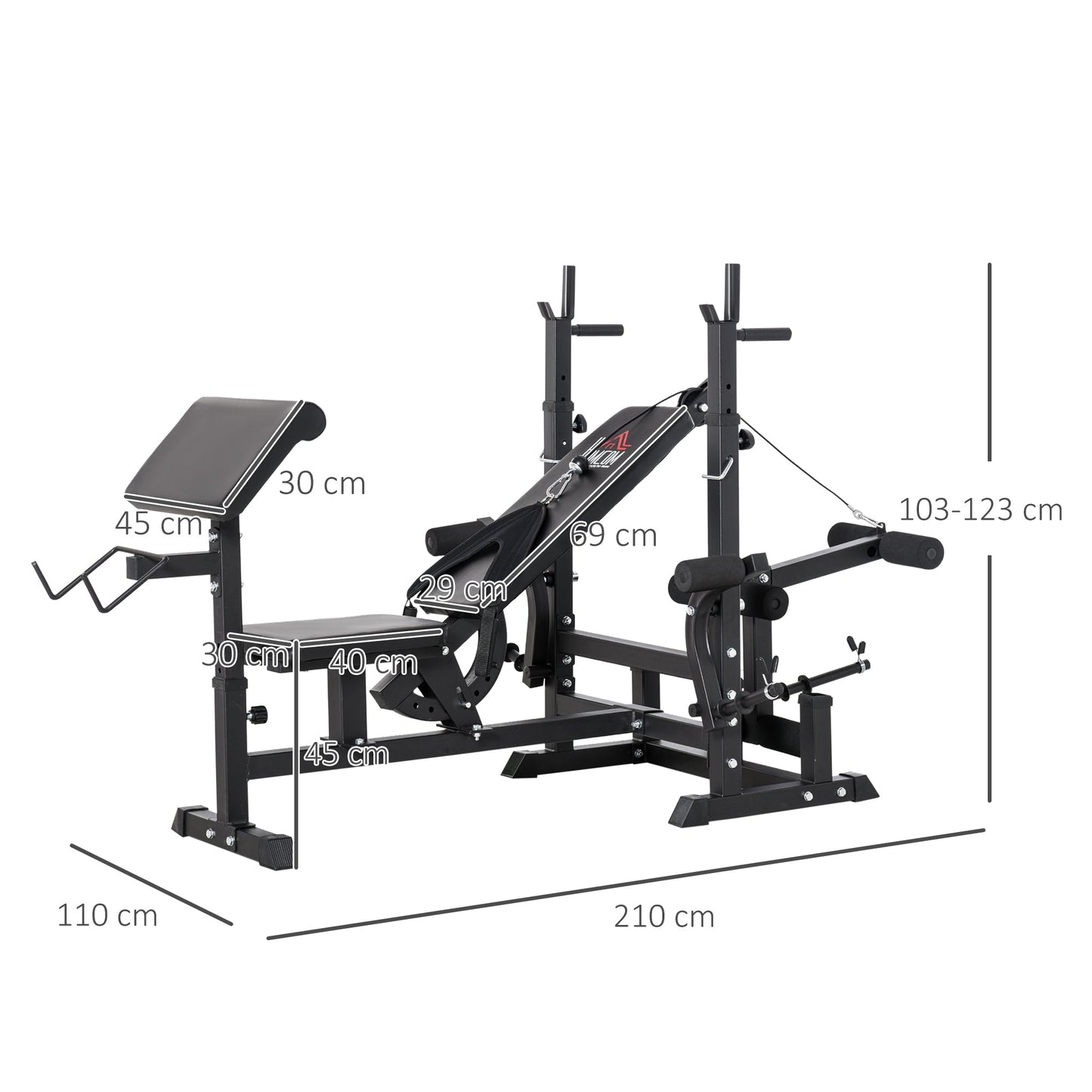 HOMCOM Weight Bench, 6 in 1 Adjustable Bench Press with Leg Extension, Barbell Rack, Preacher Curl Pad, Resistance Band, Multi-Function Home Gym Equipment for Strength Training Weightlifting