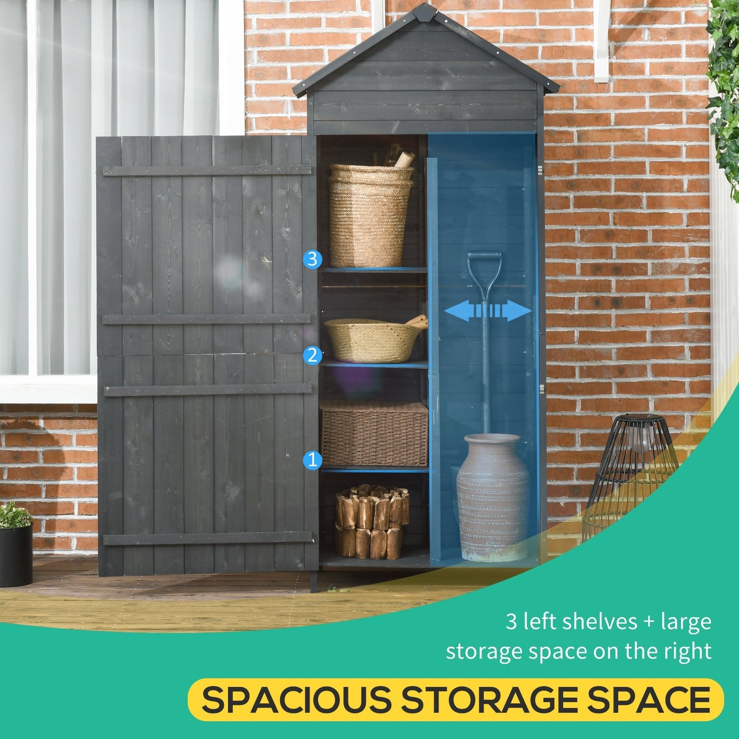 Outsunny Garden Shed 4-Tier Wooden Garden Outdoor Shed 3 Shelves Utility Gardener Cabinet Lockable 2 Doors - Grey