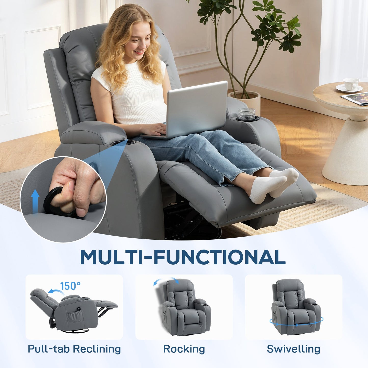 HOMCOM Massage Recliner Armchair, PU Leather Recliner Chair, Grey