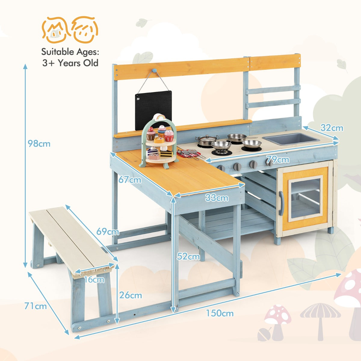 Fir Wood Mud Kitchen with Kids Picnic Table Play Kitchen-Grey