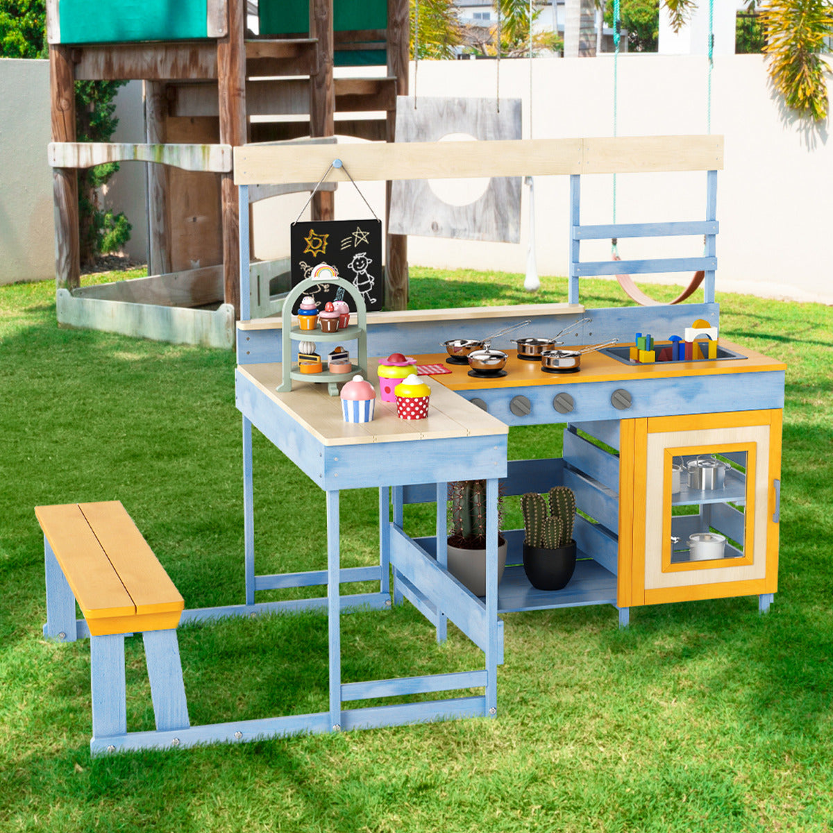Fir Wood Mud Kitchen with Kids Picnic Table Play Kitchen-Blue