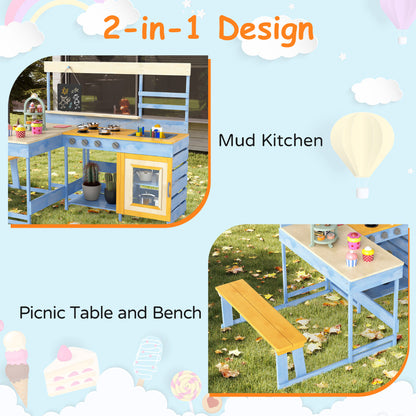 Fir Wood Mud Kitchen with Kids Picnic Table Play Kitchen-Blue