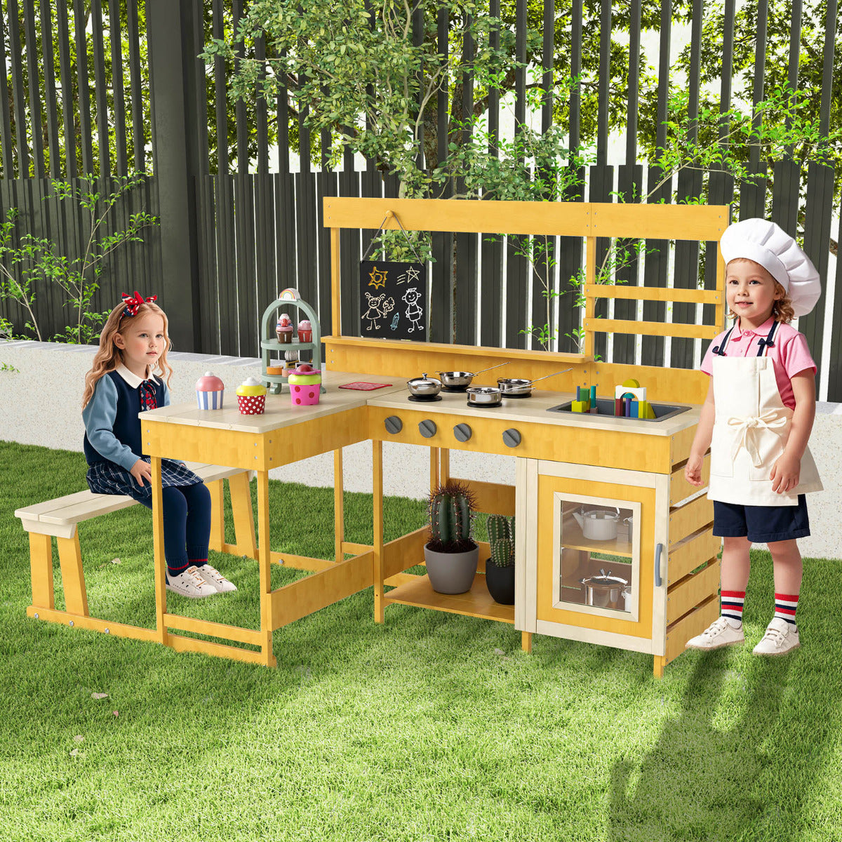 Fir Wood Mud Kitchen with Kids Picnic Table Play Kitchen-Natural