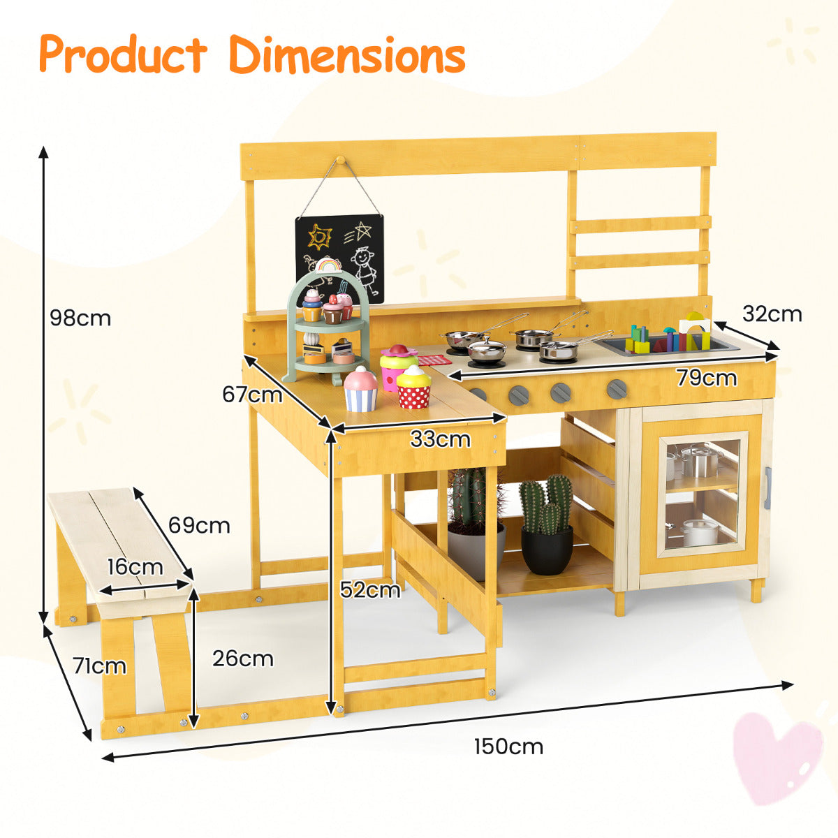 Fir Wood Mud Kitchen with Kids Picnic Table Play Kitchen-Natural
