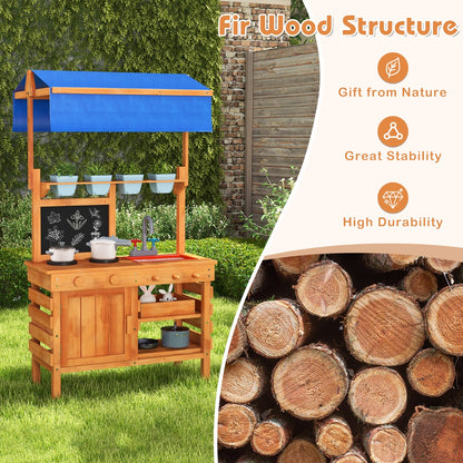 Fir Wood Play Kitchen with Adjustable Canopy and Sink-Natural