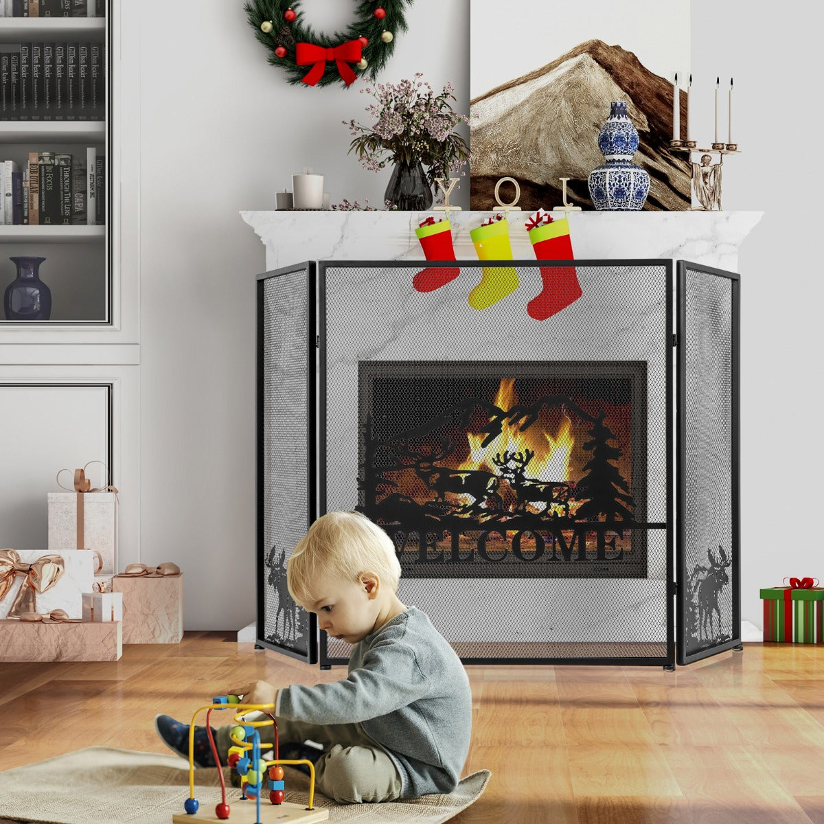 132 x 79 cm Fireplace Screen with Natural Scenery and Moose Pattern