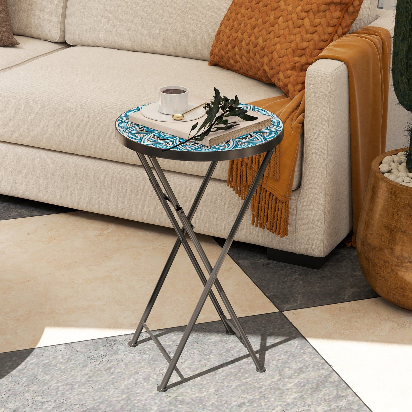 Outsunny Mosaic Outdoor Garden Table, 35.5cm Round Folding Coffee Table with Metal Frame for Balcony Terrace, Blue