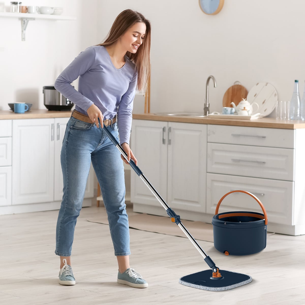 Flat Floor Mop and Bucket System with Washable Microfiber Pads-Navy