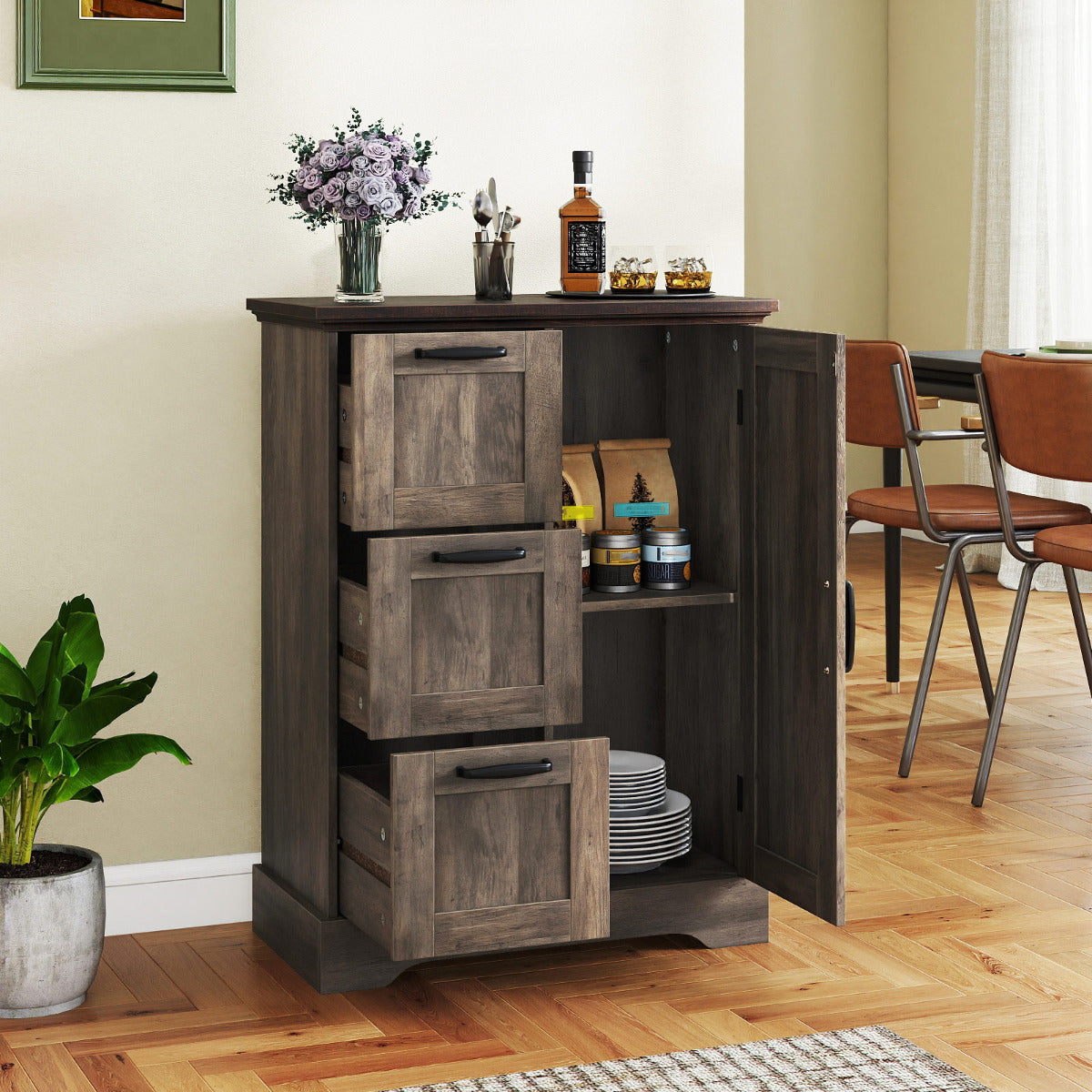 Floor Cabinet with Barn Door and 3 Storage Drawers-Rustic Oak