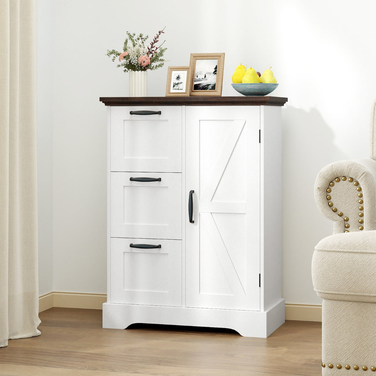 Floor Cabinet with Barn Door and 3 Storage Drawers-White