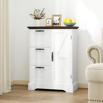 Floor Cabinet with Barn Door and 3 Storage Drawers-White