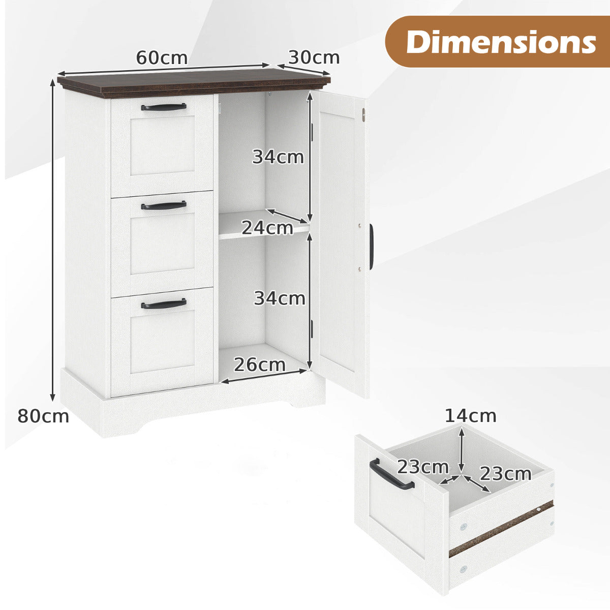 Floor Cabinet with Barn Door and 3 Storage Drawers-White