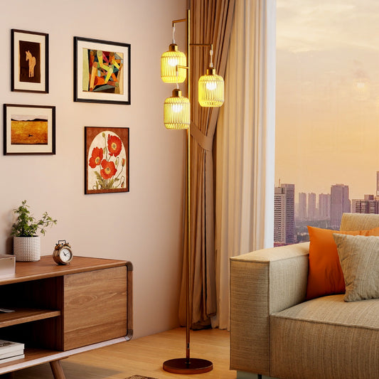 3-Light Floor Lamp with 3 Boho Paper Woven Lampshades and Weighted Base-Golden
