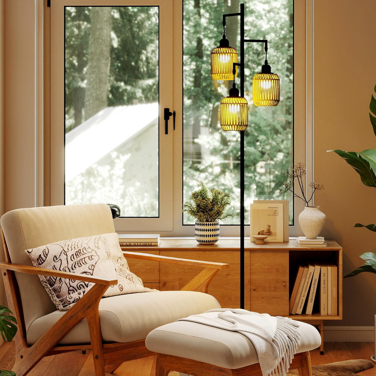 3-Light Floor Lamp with 3 Boho Paper Woven Lampshades and Weighted Base-Black