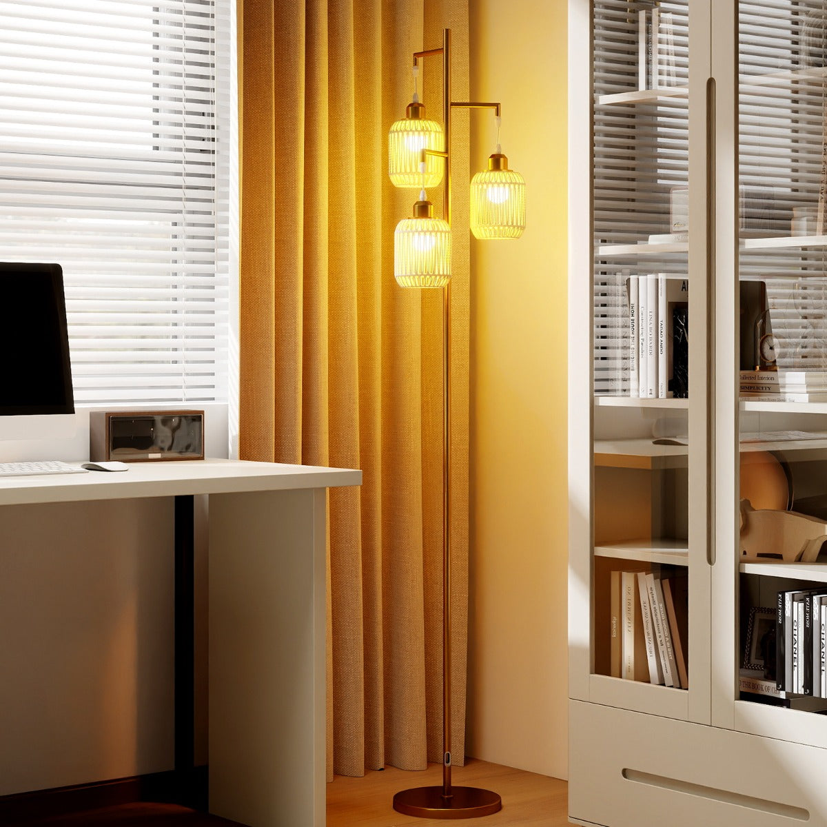 3-Light Floor Lamp with 3 Boho Paper Woven Lampshades and Weighted Base-Golden