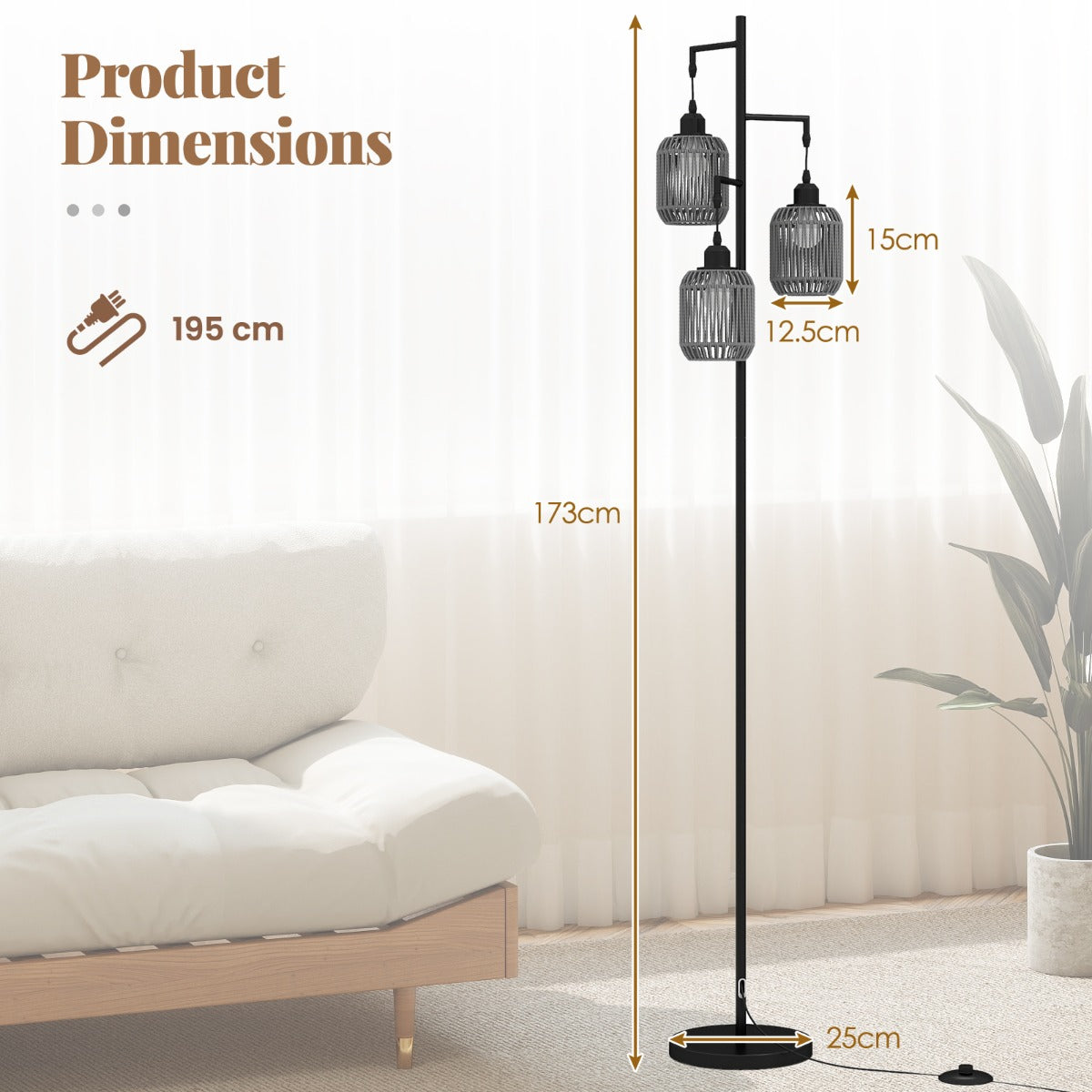 3-Light Floor Lamp with 3 Boho Paper Woven Lampshades and Weighted Base-Black