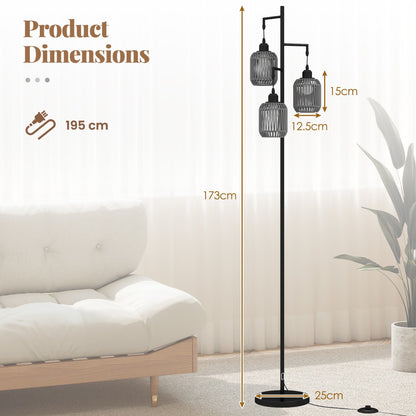 3-Light Floor Lamp with 3 Boho Paper Woven Lampshades and Weighted Base-Black