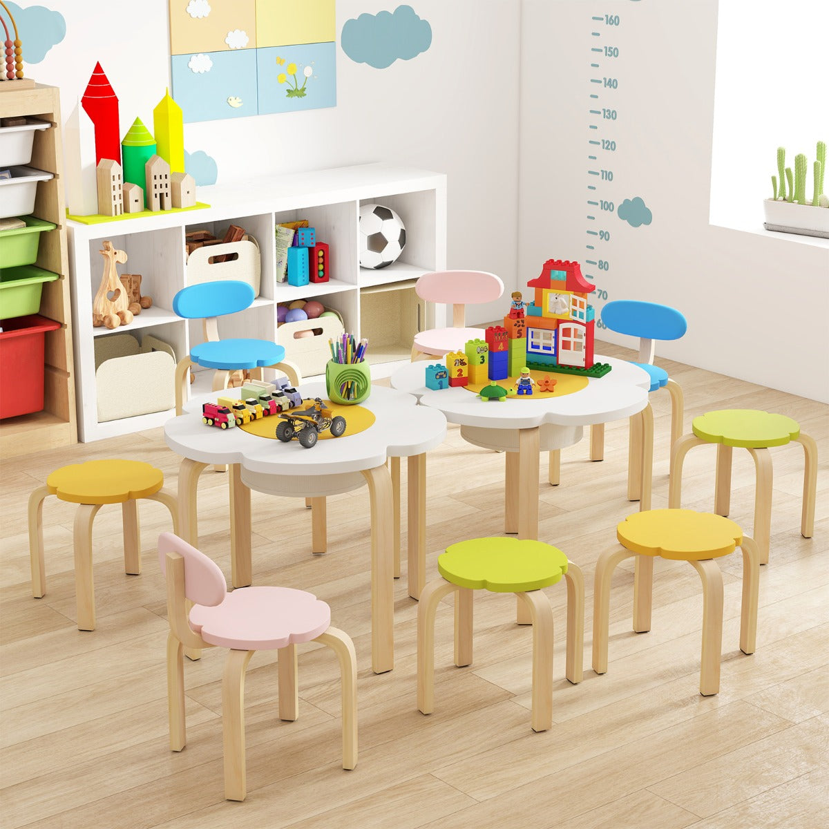 Flower-shaped Children Table Set with 2 Colorful Chairs and Stools-Multicolor