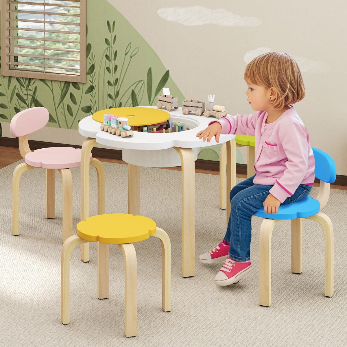 Flower-shaped Children Table Set with 2 Colorful Chairs and Stools-Multicolor