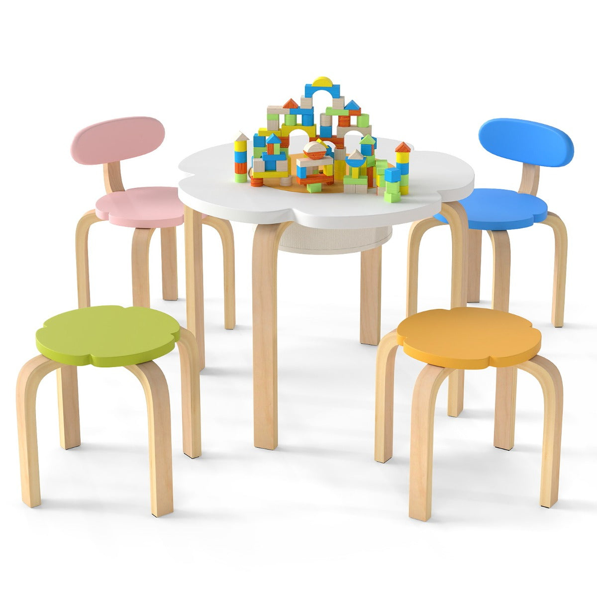 Flower-shaped Children Table Set with 2 Colorful Chairs and Stools-Multicolor
