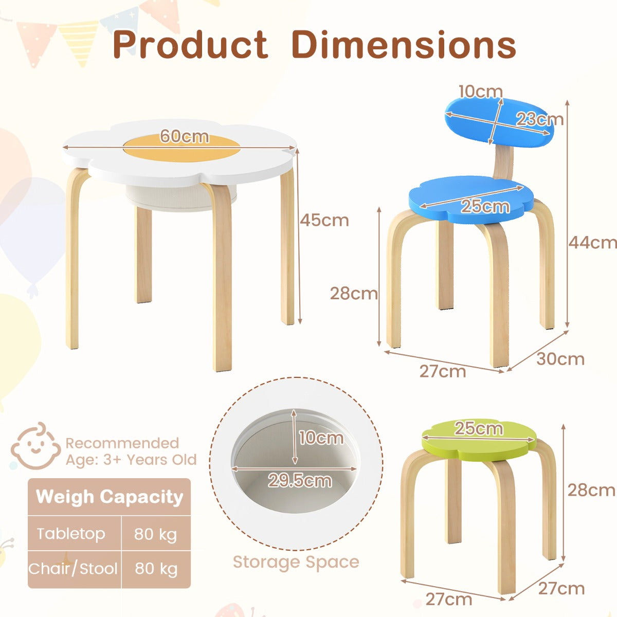 Flower-shaped Children Table Set with 2 Colorful Chairs and Stools-Multicolor