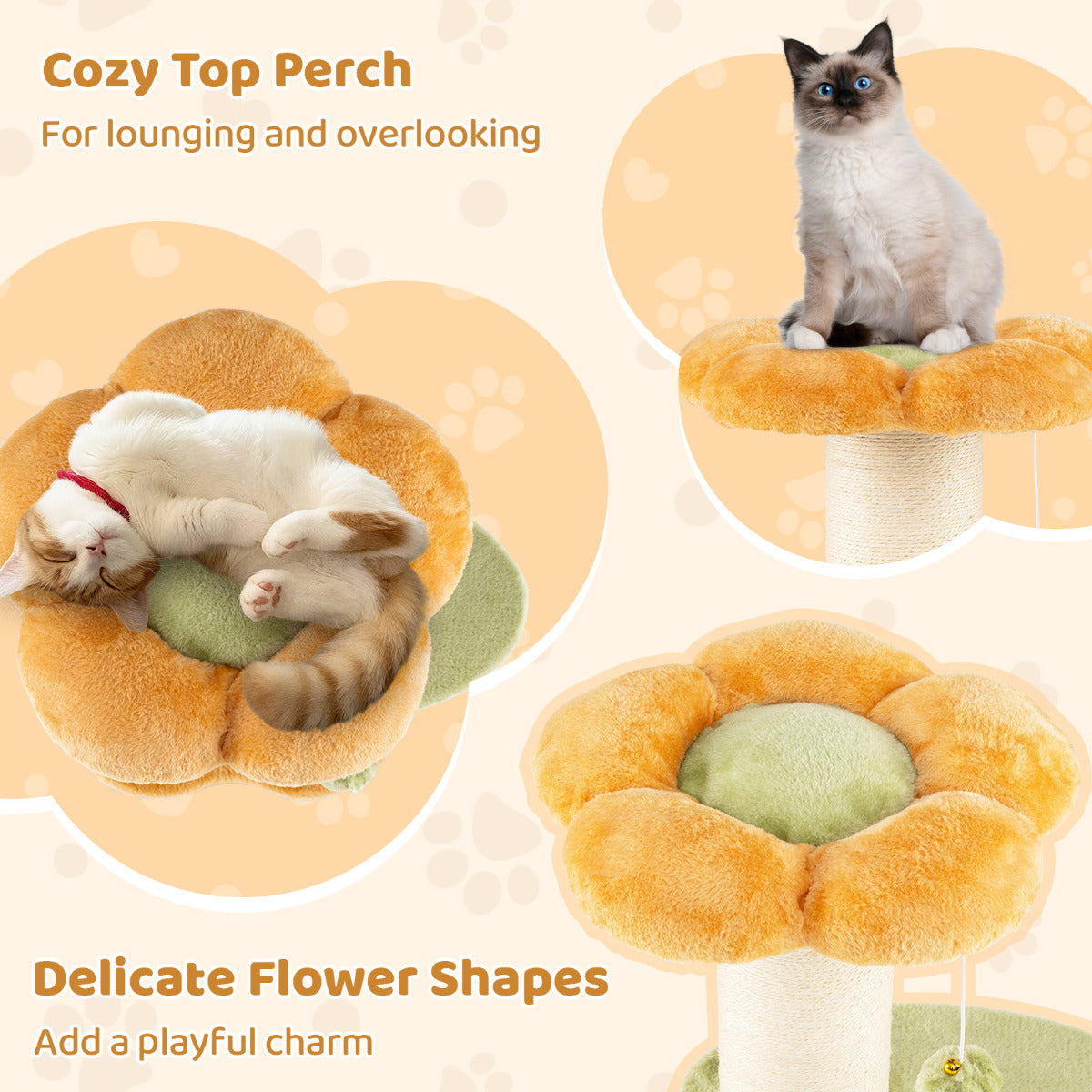 Flower Cat Tree 69 CM Tall Kitten Tower with Hanging Ball-Yellow