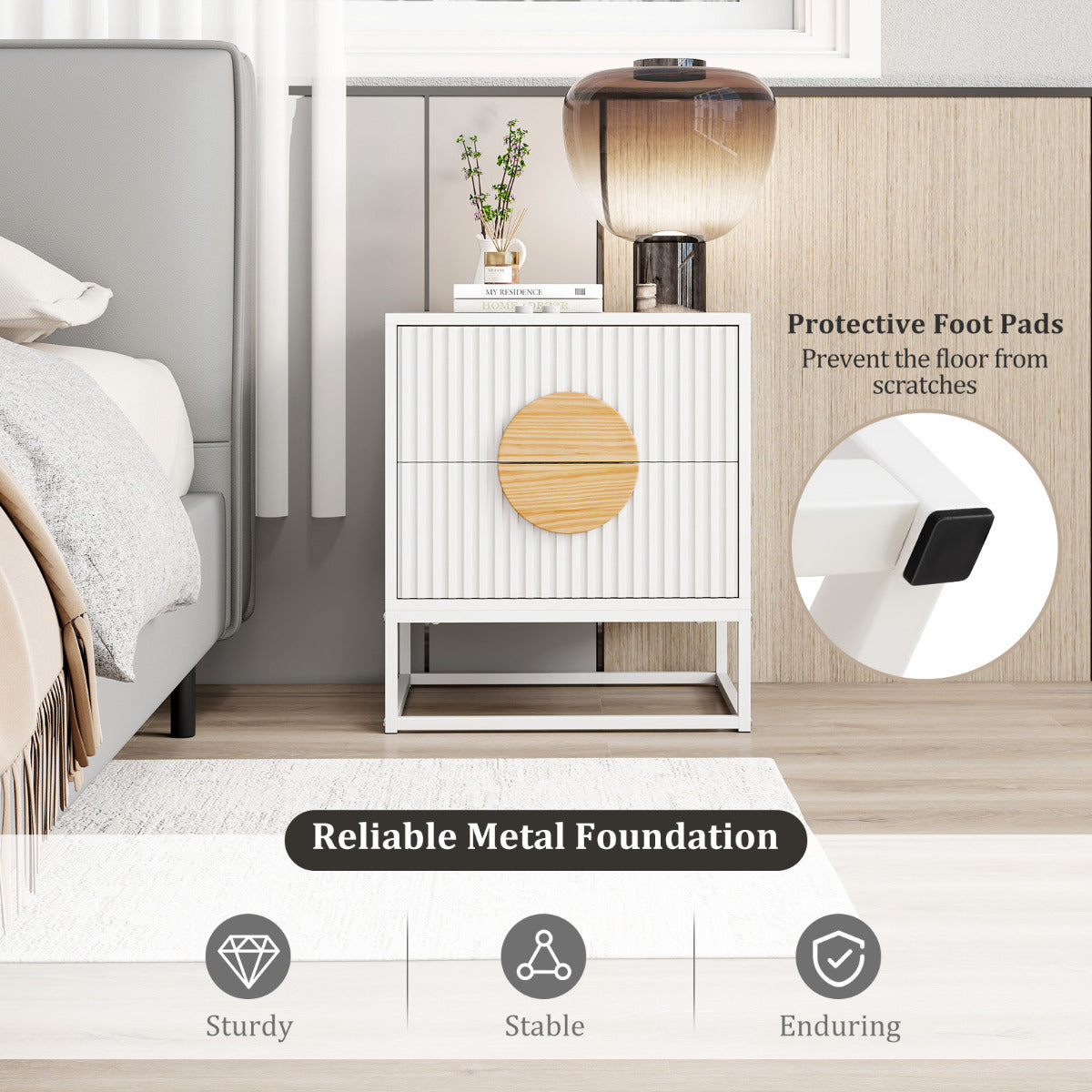 Fluted Nightstand Modern Mid Century Side Table-White