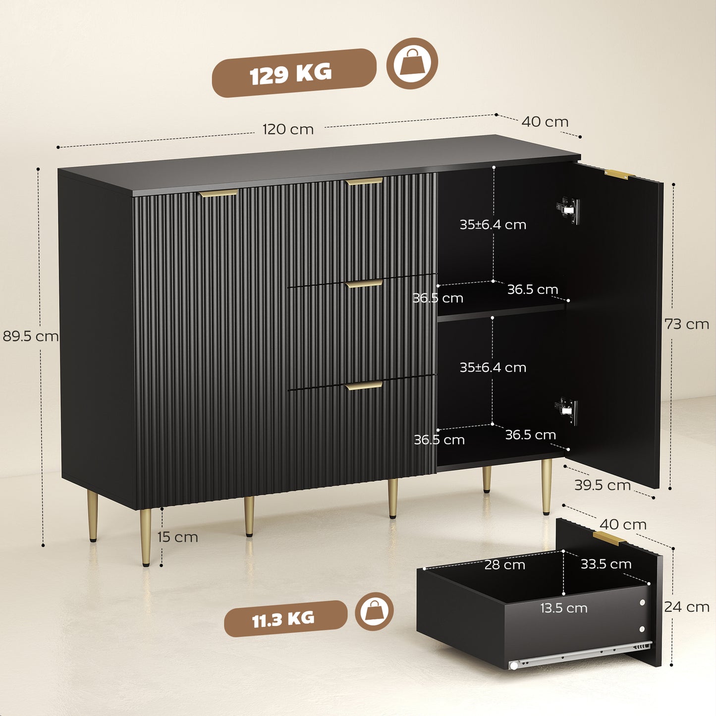 HOMCOM 2-Door Sideboard with 3 Drawers and Adjustable Shelves - Black