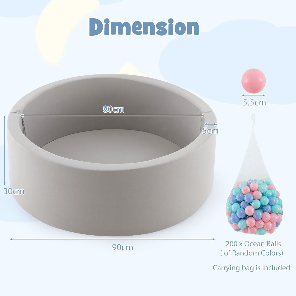 90 x 30cm Soft Round Ball Pool for Toddlers &amp; Baby with 200 Ocean Balls and Storage Bag-Pink