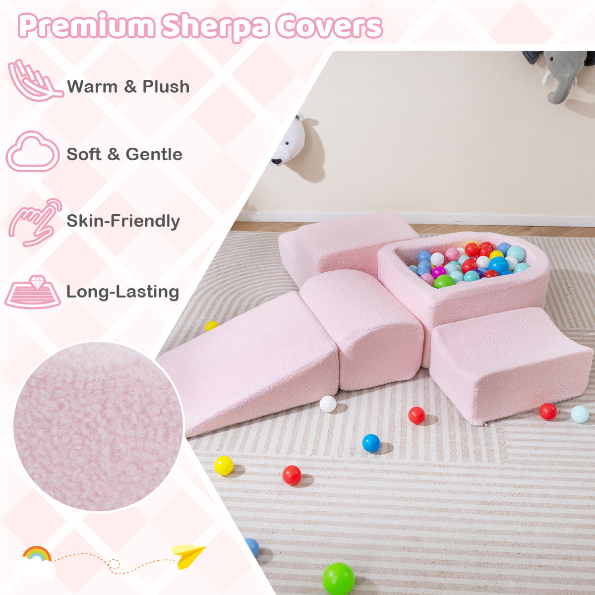 5-Piece Climb and Crawl Soft Play Set Foam Climbing Blocks-Pink