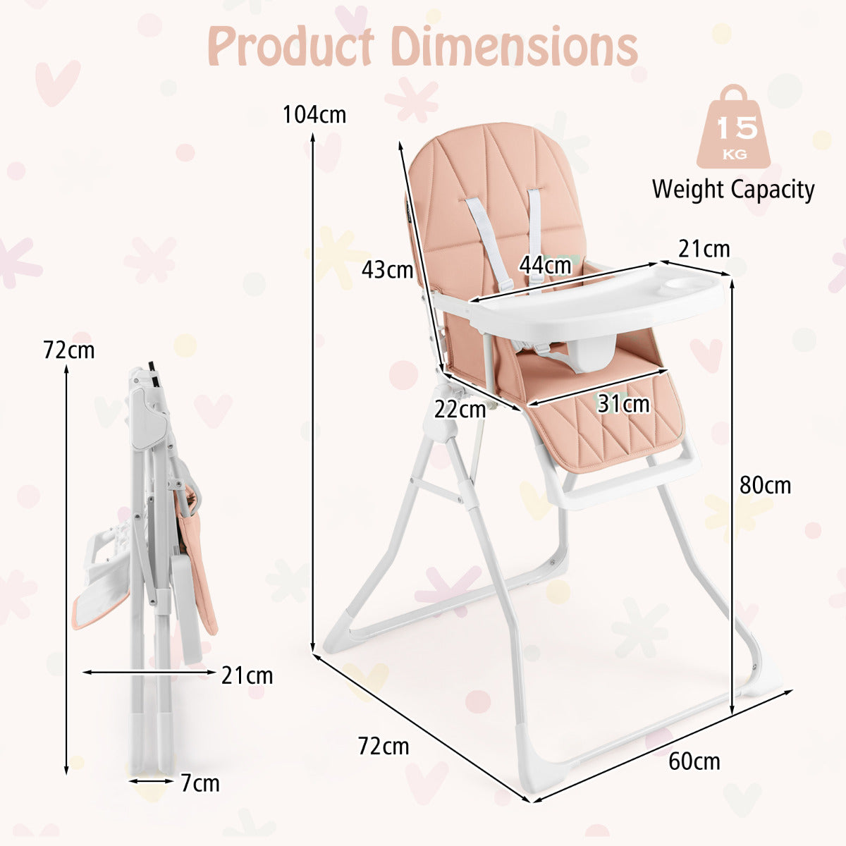 Foldable Baby High Chair with Removable Adjustable Tray-Pink