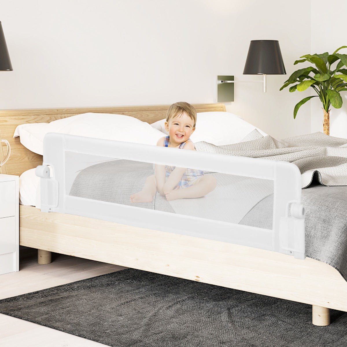 Foldable Bed Rail with Adjustable Safety Strap for Toddlers-White