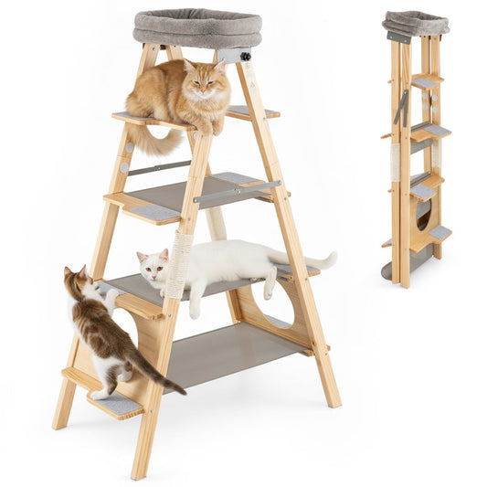 Foldable Cat Climbing Furniture with Ladder Design and Upholstered Top Perch-Grey