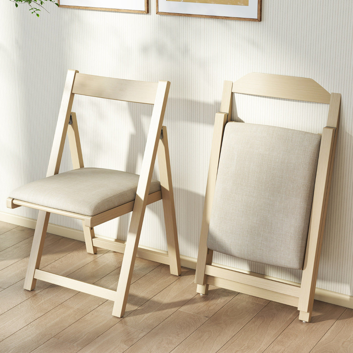 Foldable Dining Chair Set of 4 with Padded Seat and Curved Backrest-Beige