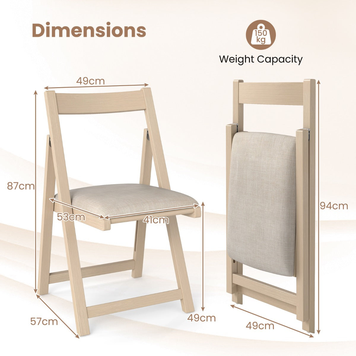 Foldable Dining Chair Set of 8 with Padded Seat and Curved Backrest-Beige