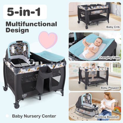 Foldable Pack and Play Portable Baby Playard with Rocking Bassinet and Diaper Changing Table-Blue